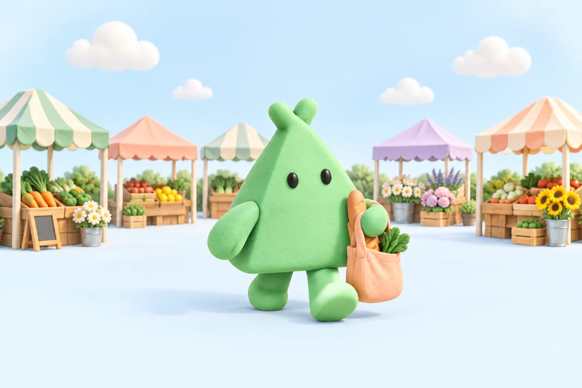 Tentie, our mint-green tent mascot, carrying a peach tote through a colorful outdoor market