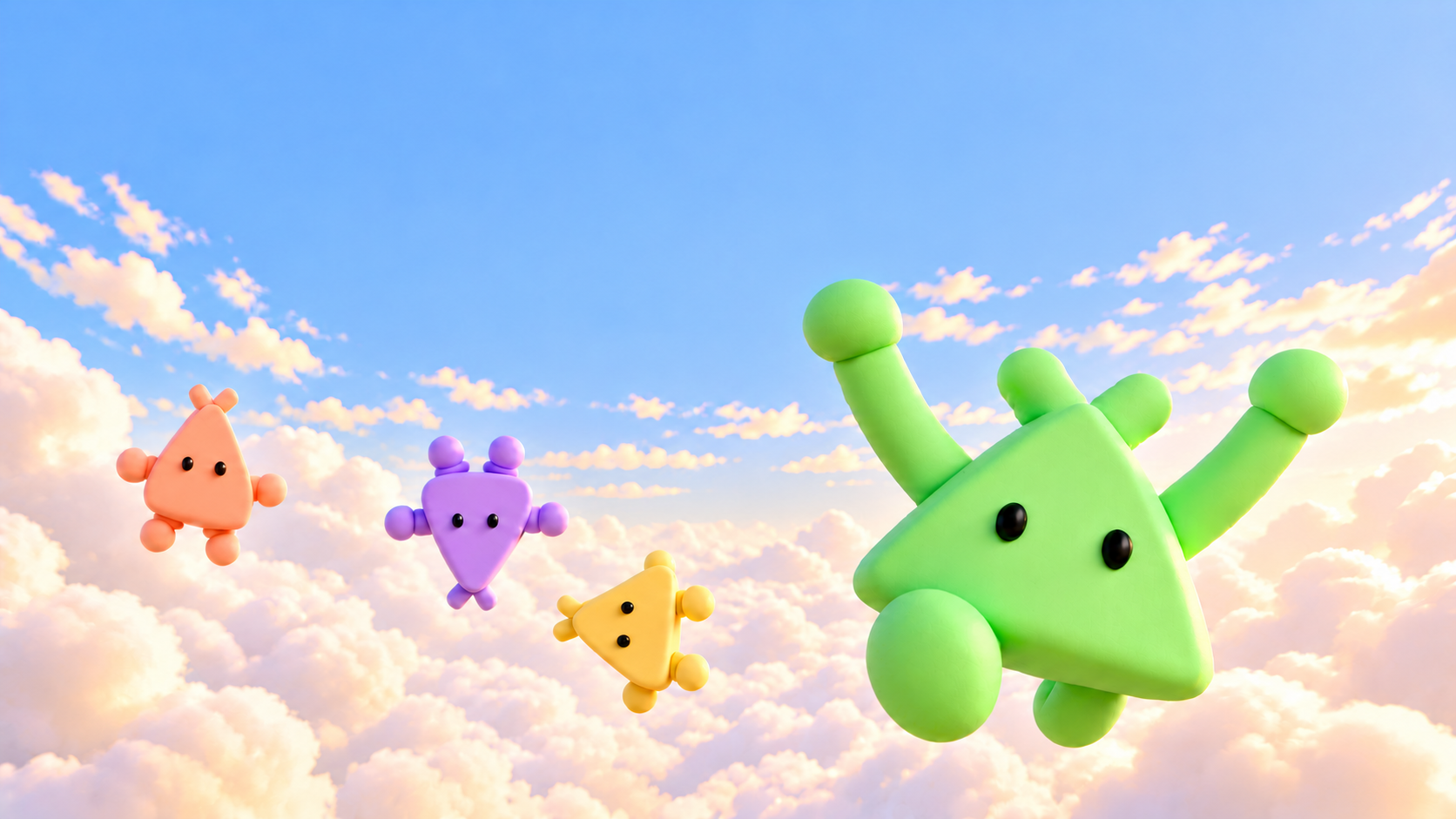 Mint-green Tentie falling through clouds with both hands raised, alongside peach, lavender, and gold Tenties.