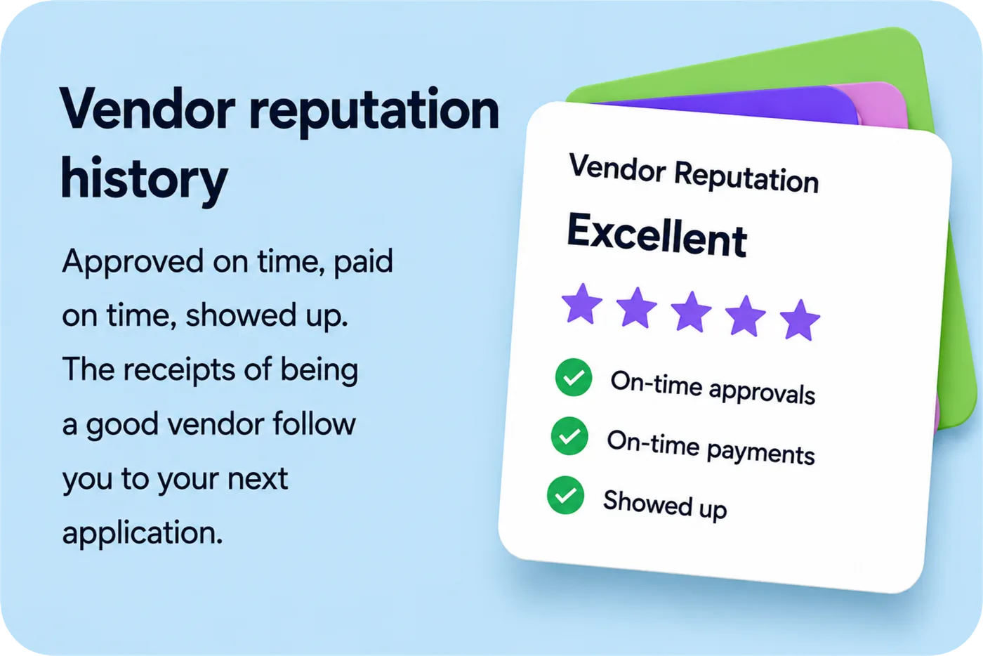 Vendor reputation history — approved on time, paid on time, showed up. The receipts of being a good vendor follow you to your next application.